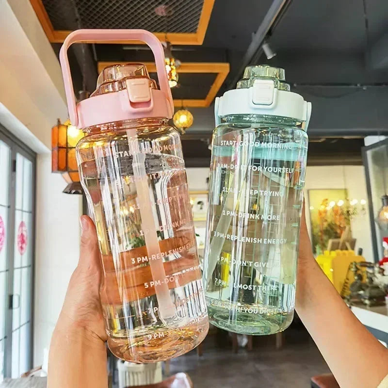 2L Water Bottle Portable Straw Plastic Water Cup for Outdoor Sports Fitness Adult High Value Big Fat Cup with Time Marker